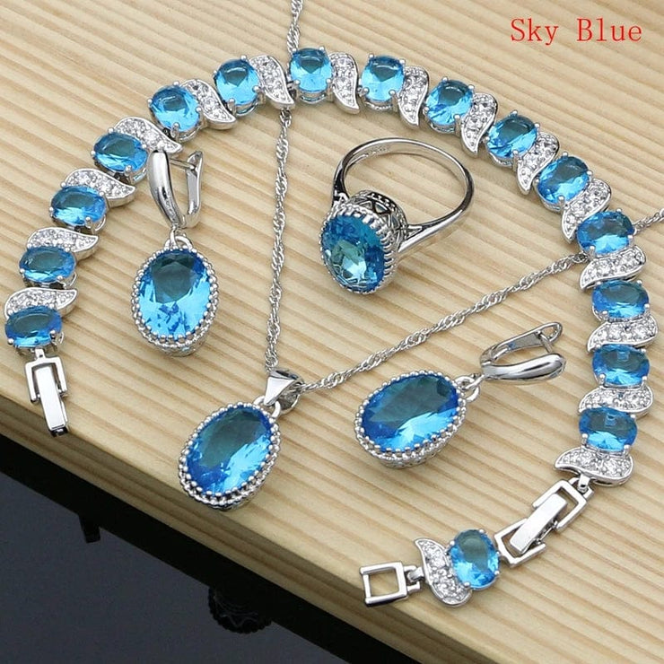 Fluidapparelshop Necklace Set SKY BLUE / 10 Ruby Red 925 Silver Jewelry Set Birthstone  Earrings/Pendant/Necklace/Rings/Bracelet Festival Valentine&