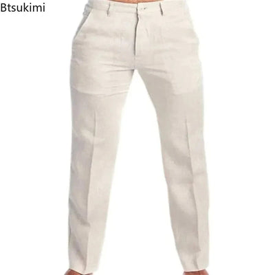 Fluidapparelshop Pants Men's Vintage Cotton Linen Pants Breathable Comfort Soft Casual Trousers Fashionable Loose Straight Leg Design for Summer