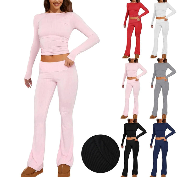 Fluidapparelshop Pants set Eye-Catching Long Sleeve Blouse with Fold Over Flare Pants Set for Women