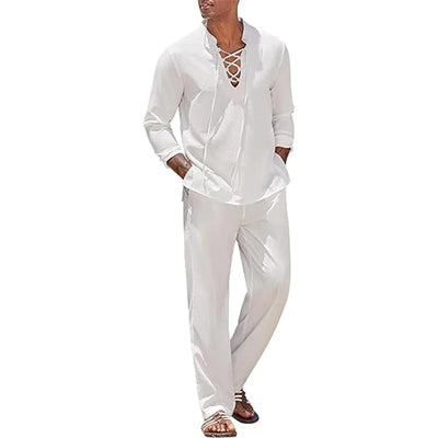 Fluidapparelshop Pants Suit white / XXL Cotton Linen Men's Suits: Short Sleeve Cotton Linen Shirt and Pants Set ,Eye Catching Casual Style