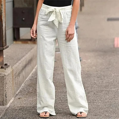 Fluidapparelshop Pants WHITE / 4XL Eye-Catching Wide Leg Pants for Women Casual Cotton Linen Solid Color Lace Up Elastic Waist Loose Fit Full Length
