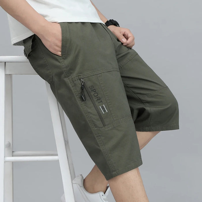 Fluidapparelshop Shorts 8817 Army Green / L 50-60 KG Men's Cotton Cargo Shorts with Zipper Pockets and Elastic Waist