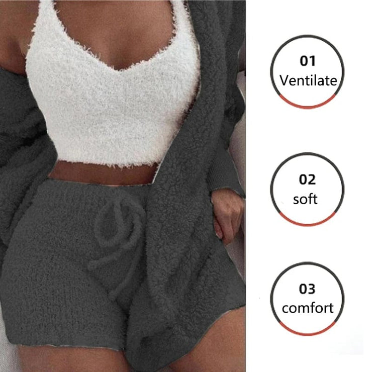 Fluidapparelshop Shorts Set 3PCS/Set Thickened Warm Winter Women Long Plush Long-Sleeved Revealing Vest Shorts Set