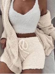 Fluidapparelshop Shorts Set 3PCS/Set Thickened Warm Winter Women Long Plush Long-Sleeved Revealing Vest Shorts Set