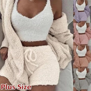 Fluidapparelshop Shorts Set 3PCS/Set Thickened Warm Winter Women Long Plush Long-Sleeved Revealing Vest Shorts Set