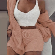 Fluidapparelshop Shorts Set Apricot / M 3PCS/Set Thickened Warm Winter Women Long Plush Long-Sleeved Revealing Vest Shorts Set