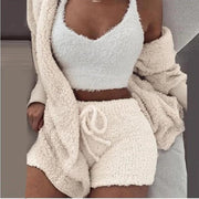 Fluidapparelshop Shorts Set Beige / S 3PCS/Set Thickened Warm Winter Women Long Plush Long-Sleeved Revealing Vest Shorts Set