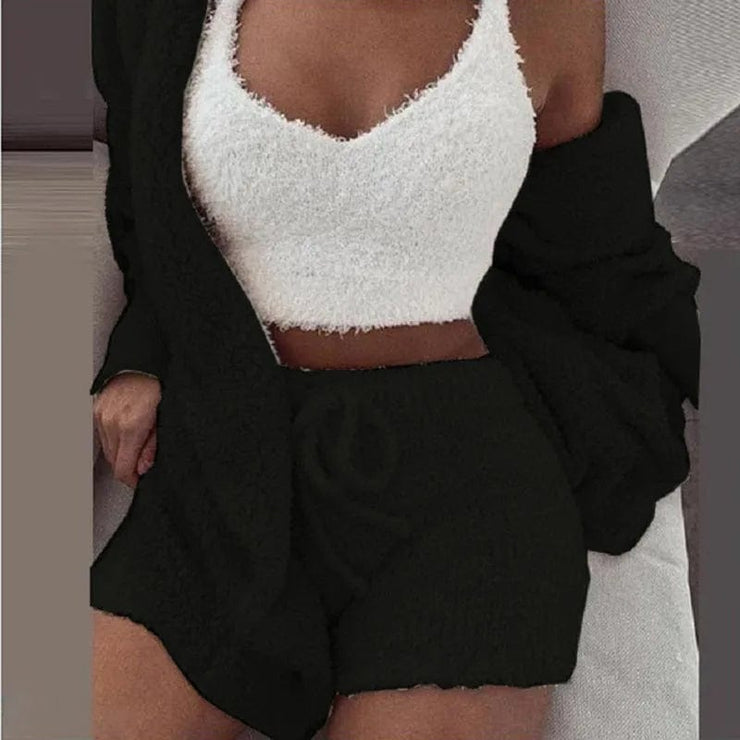 Fluidapparelshop Shorts Set Black / 3XL 3PCS/Set Thickened Warm Winter Women Long Plush Long-Sleeved Revealing Vest Shorts Set