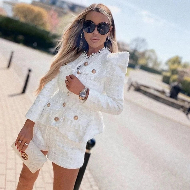Fluidapparelshop Shorts Set Elegant White Tweed Women Set Single-breasted Slim Tassels Jacket & High Waist Shorts Suit.