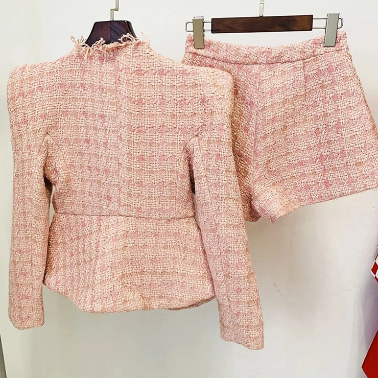 Fluidapparelshop Shorts Set Elegant White Tweed Women Set Single-breasted Slim Tassels Jacket & High Waist Shorts Suit.
