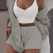 Fluidapparelshop Shorts Set Gray / S 3PCS/Set Thickened Warm Winter Women Long Plush Long-Sleeved Revealing Vest Shorts Set