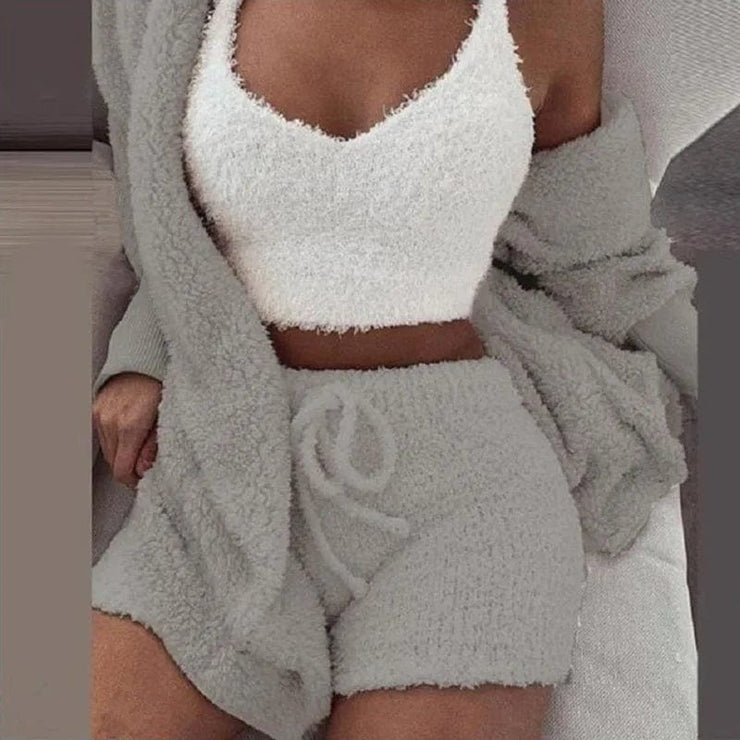 Fluidapparelshop Shorts Set Gray / S 3PCS/Set Thickened Warm Winter Women Long Plush Long-Sleeved Revealing Vest Shorts Set