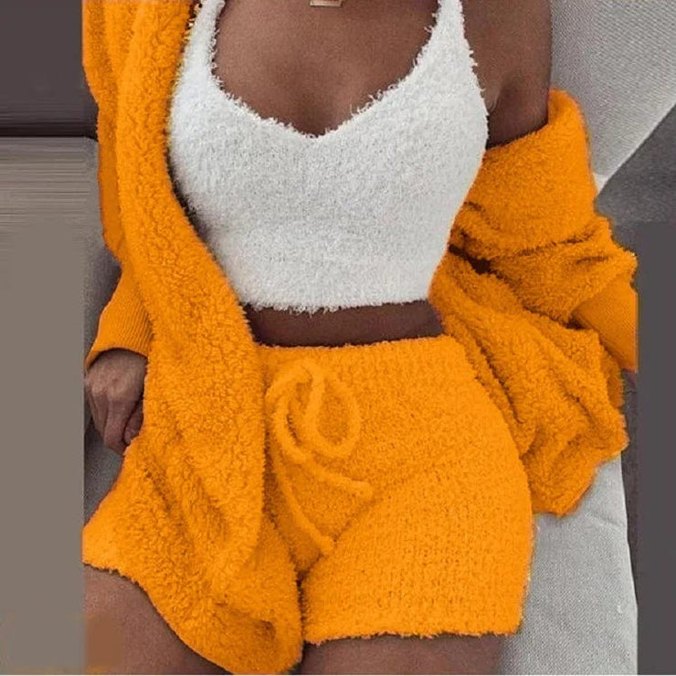 Fluidapparelshop Shorts Set Orange / 3XL 3PCS/Set Thickened Warm Winter Women Long Plush Long-Sleeved Revealing Vest Shorts Set