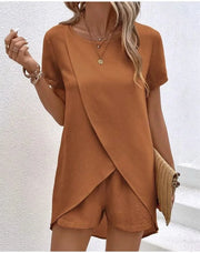 Fluidapparelshop Shorts Set ORANGE RED / S Women  Round Neck Short Sleeve Irregular Split Top Elastic Waist Shorts Two Piece Set