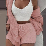 Fluidapparelshop Shorts Set Pink / 3XL 3PCS/Set Thickened Warm Winter Women Long Plush Long-Sleeved Revealing Vest Shorts Set