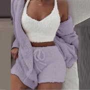 Fluidapparelshop Shorts Set Purple / XL 3PCS/Set Thickened Warm Winter Women Long Plush Long-Sleeved Revealing Vest Shorts Set