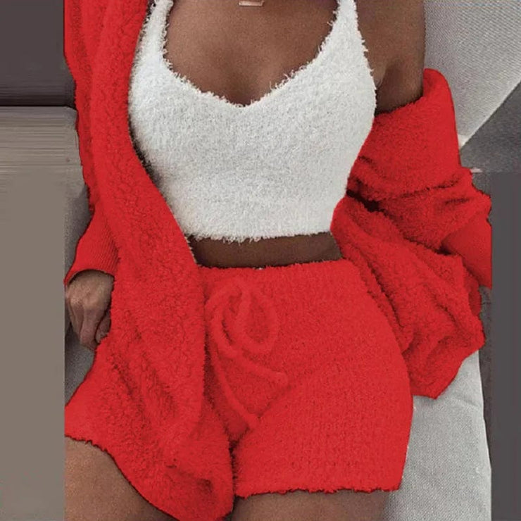 Fluidapparelshop Shorts Set Red / M 3PCS/Set Thickened Warm Winter Women Long Plush Long-Sleeved Revealing Vest Shorts Set