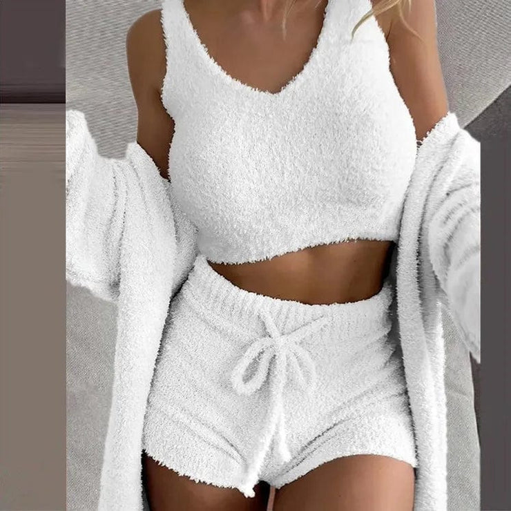 Fluidapparelshop Shorts Set White / S 3PCS/Set Thickened Warm Winter Women Long Plush Long-Sleeved Revealing Vest Shorts Set