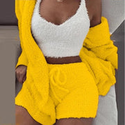 Fluidapparelshop Shorts Set Yellow / S 3PCS/Set Thickened Warm Winter Women Long Plush Long-Sleeved Revealing Vest Shorts Set