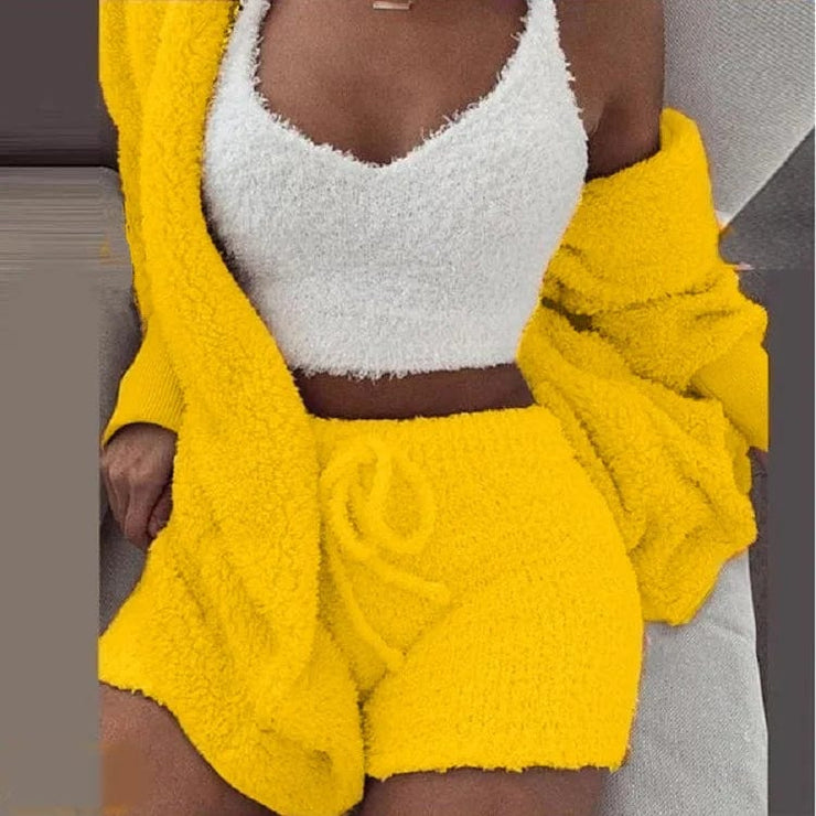 Fluidapparelshop Shorts Set Yellow / S 3PCS/Set Thickened Warm Winter Women Long Plush Long-Sleeved Revealing Vest Shorts Set