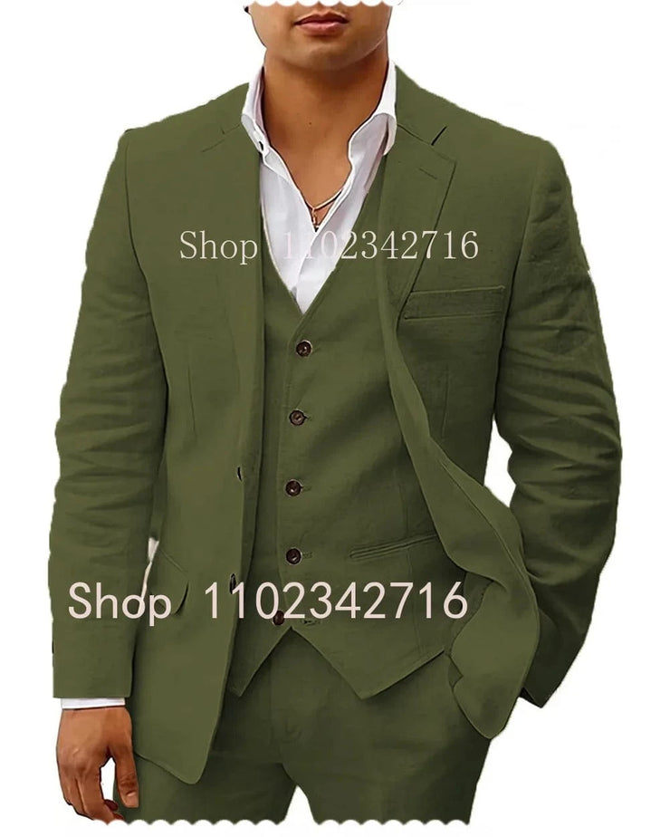 Fluidapparelshop Suits army green / L Linen  Suits: Casual Beach Tuxedos  3-Piece Set with Jacket Vest and Pants Fashionable and Eye-Catching