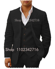 Fluidapparelshop Suits black / S Linen  Suits: Casual Beach Tuxedos  3-Piece Set with Jacket Vest and Pants Fashionable and Eye-Catching