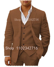 Fluidapparelshop Suits Brown / XL Linen  Suits: Casual Beach Tuxedos  3-Piece Set with Jacket Vest and Pants Fashionable and Eye-Catching