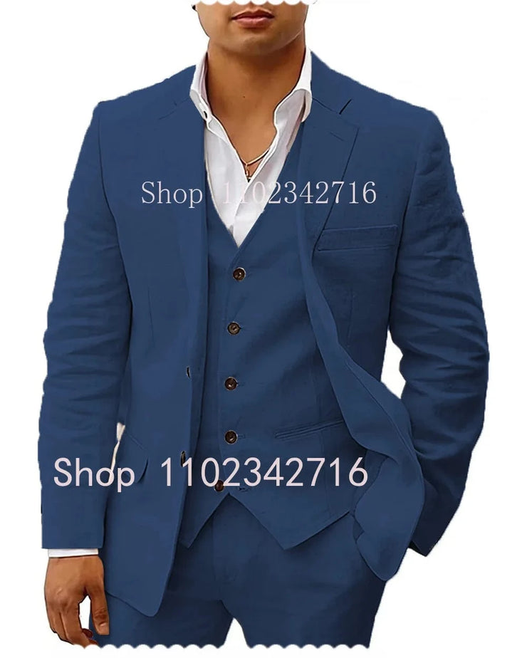 Fluidapparelshop Suits Dark Blue / M Linen  Suits: Casual Beach Tuxedos  3-Piece Set with Jacket Vest and Pants Fashionable and Eye-Catching