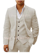 Fluidapparelshop Suits Ivory / XXXL Linen  Suits: Casual Beach Tuxedos  3-Piece Set with Jacket Vest and Pants Fashionable and Eye-Catching