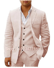 Fluidapparelshop Suits Light Pink / XS Linen  Suits: Casual Beach Tuxedos  3-Piece Set with Jacket Vest and Pants Fashionable and Eye-Catching