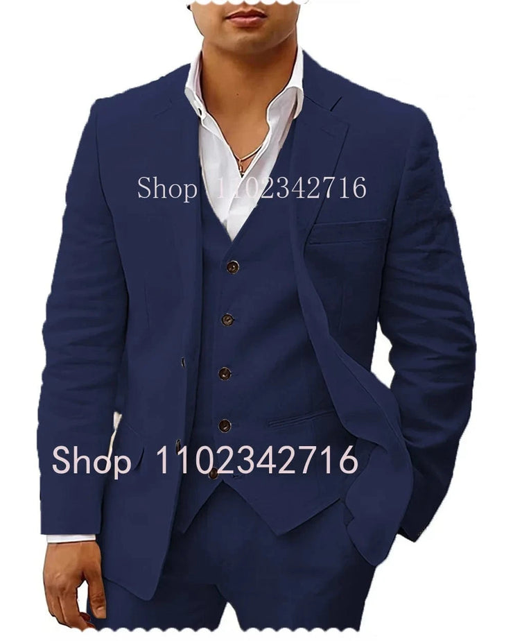 Fluidapparelshop Suits Navy Blue / 4XL Linen  Suits: Casual Beach Tuxedos  3-Piece Set with Jacket Vest and Pants Fashionable and Eye-Catching