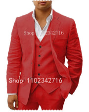 Fluidapparelshop Suits Red / L Linen  Suits: Casual Beach Tuxedos  3-Piece Set with Jacket Vest and Pants Fashionable and Eye-Catching