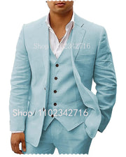 Fluidapparelshop Suits SKY BLUE / M Linen  Suits: Casual Beach Tuxedos  3-Piece Set with Jacket Vest and Pants Fashionable and Eye-Catching